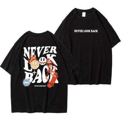 Never Look Back Creative Smile Skull Printing Cartoons Street Print Tshirt Man Loose Tee Clothes Cotton Crewneck Tops T-Shirt